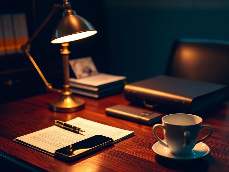 An executive office desk with a fountain pen, correspondence folder and brass desk lamp