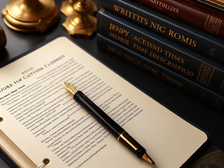 An open manuscript page and fountain pen beside bound publications