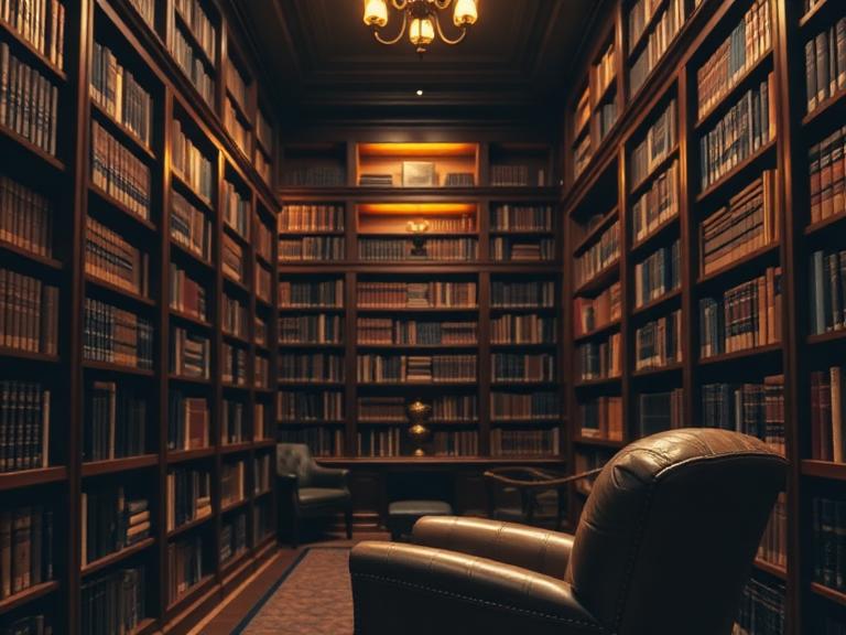 A refined private library with walnut shelves and warm reading light