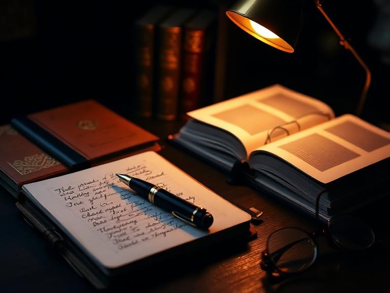 Research desk with journals, notes and a laptop