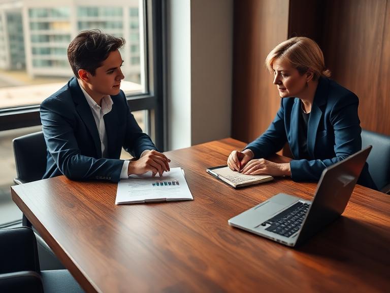 Executive consulting session at a polished walnut table